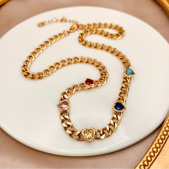 Fabulous Cuban Link Studded Colorful Hearts CZ Necklace in Gold - Picture 5 of 9